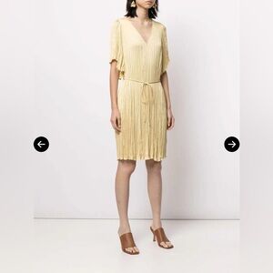 Vince Pleated V Neck Dress Yellow Silk Blend Flutter Sleeve NWT XS